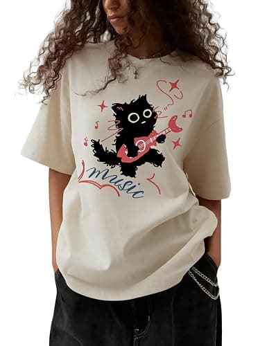 Women's Grunge Shirts Oversized Graphic Tees Cat Emo Harajuku Tee Tops | Y2K Clothes, Cotton, baggy shirts, Summer, Streetwear,grunge clothes,emo clothes,cat shirt - Image 1