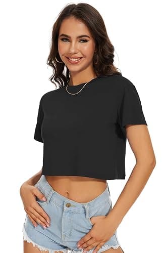 Womens Crop Tops Summer Casual T Shirts Short Sleeve Round Neck Tees Loose Basic Blouse thumbnail 2