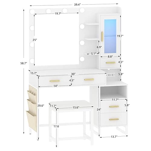 White Vanity Desk with Lighted Mirror and Chair, Makeup Vanity with Charging Station, 5 Drawers Vanity Table Set with LED Cabinet & Storage Bag, Makeup Dressing Table for Girls Women - Modern White thumbnail 2