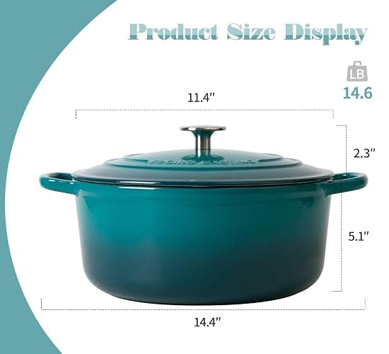 EDGING CASTING Enameled Cast Iron Dutch Oven Pot with Lid for Bread Baking, Cooking, Round Bread Oven Dual Handles, 7 Quart, Darkcyan thumbnail 2