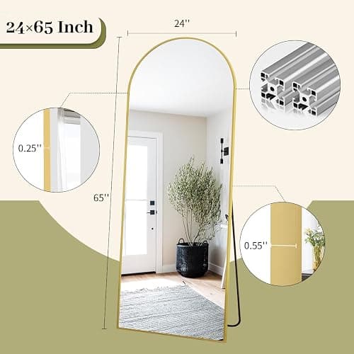 BEAUTYPEAK 65"x24" Arch Floor Mirror, Full Length Mirror Wall Mirrors Hanging or Leaning Arched-Top Full Body Mirror with Stand for Bedroom, Dressing Room, Gold thumbnail 2