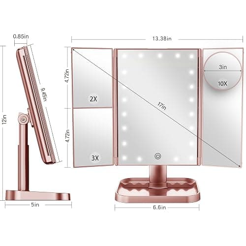 HUONUL Makeup Mirror, 10X 3X 2X Magnification, Lighted Makeup Mirror, Touch Control, Dual Power Supply, Portable LED Mirror, Women Gift (Rose Gold) thumbnail 7