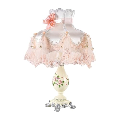 kangten Victorian Style Table Lamp Pink Princess lamp Handmade Gauze Fabric Lampshade Traditional Resin Flower Carved Base for Girl's Room Bedroom Office Living Room Reading, D12.2'' X H21.2'' - Image 1