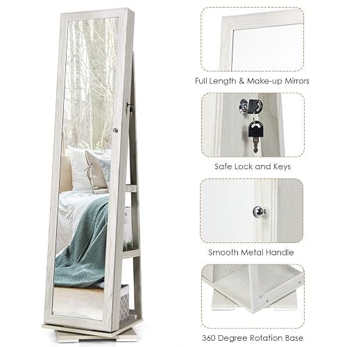 MAT EXPERT 360 Rotating Jewelry Armoire with Mirror, Freestanding Jewelry Storage Mirror w/78 Ring Slots, 24 Necklace Hooks, 120 Earring Slots, Lockable Jewelry Organizer for Makeup (White) thumbnail 6