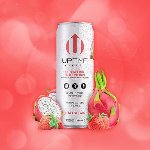 UPTIME Energy Drink, Strawberry Dragon Fruit Sparkling, 12 Pack, L Theanine, Calcium, Zero Sugar Energy Drinks for Focus Support, 142mg Natural Caffeine, 0 Calories, Natural, 12 fl oz Cans thumbnail 3