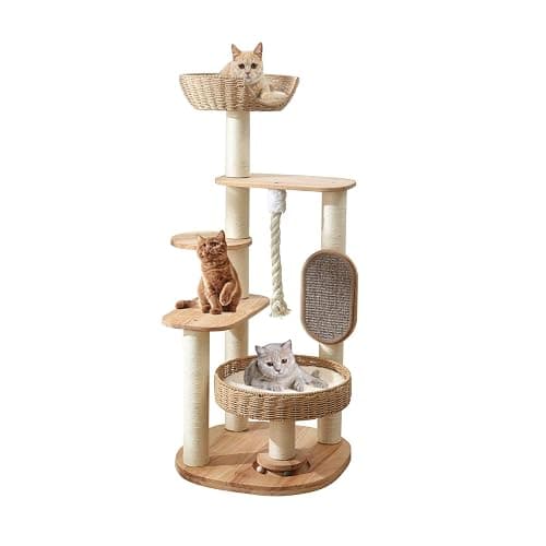 JLDUQKUM Wooden Cat Tree for Large Cat, 49.6IN Tall Cat Tower with Scratching Post for Indoor Cats, Multi-Level Cat Condo with Hand-Woven Cat Bed and Scratching Board Easy to Clean - Image 1