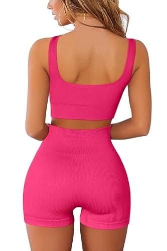 QINSEN Workout Sets for Women 2 Piece Seamless Ribbed Crop Tank High Waist Shorts Yoga Outfits thumbnail 2