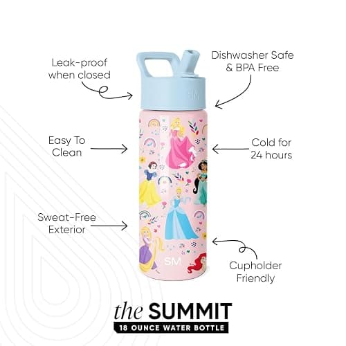 Simple Modern Kids Summit Water Bottle with Straw Lid | Disney Princess 18oz Stainless Steel Cup Insulated Tumbler for Girls, School | Princess Rainbows thumbnail 3