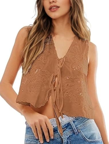 Peaceglad Womens Vest Top Trendy Floral Embroidered Eyelet Tie Front Tops Fashion Crochet Lace Hollow Out Vests - Image 1