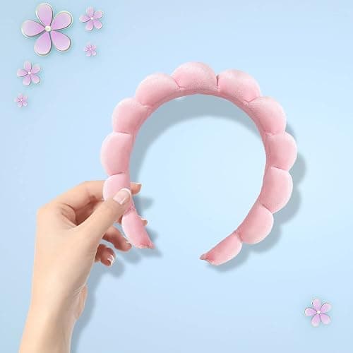 Ycfish Puffy Makeup Headband Spa Headbands for Women Sponge & Terry Towel Cloth Fabric Cute Skincare Headband for Face Washing, Makeup Removal, Shower, Facial Mask (Pink) thumbnail 7