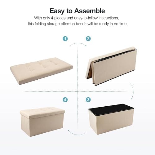 CROWNSHOP 1PC Storage Ottoman Bench Folding Footstool with Lid Beige | Folding Storage Ottoman Bench – Space-saving design with hidden storage, ideal for living room, bedroom hallway organisation thumbnail 5