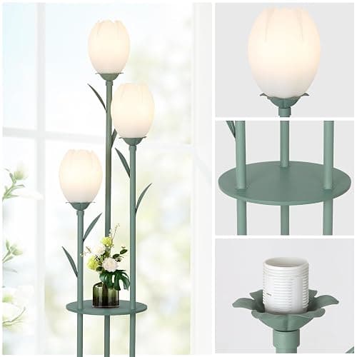 3-Light Flower Floor Lamps for Living Room, Green Floor Lamp with Shelves, Unique Tulip Standing Lamp with 3 LED Blubs, Cute Floral Tall Lamp, Modern Stand Up Light Decor for Bedroom, Kids Room thumbnail 2