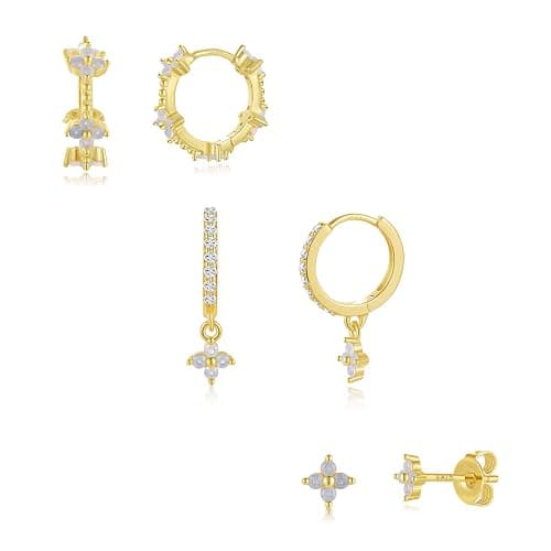 QUINBY Dainty Opal Earrings Dangle Hoop Earrings For Women,Hypoallergenic Earring Sets For Multiple Piercing,14k Gold Plated Earring Stacks For Sensitive Ears - Golden thumbnail 9