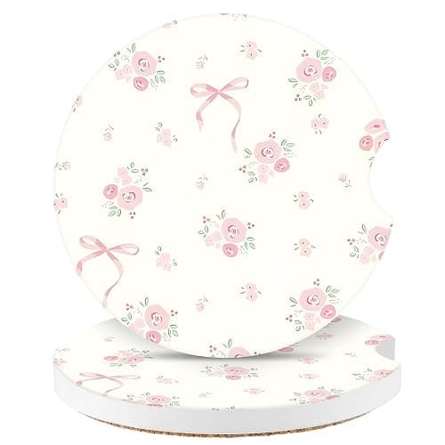 Watbro Vintage Flowers Car Coasters,Absorbent 2 Pack for Cup Holders with Finger Notch,2.56 inches Ceramics Heat Resistant Anti Slip Cork Base Car Drinks Coasters Auto Cup Holder - Image 1