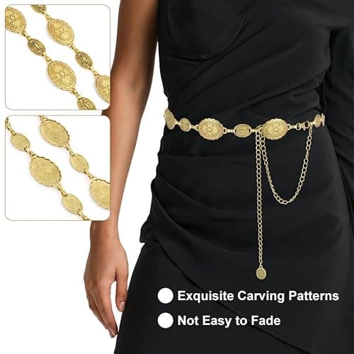 Alaoo Western Gold Metal Concho Chain Belt, Gold Chain Belt for Women, Western Cowgirl Waist Chain Adjustable Gold Metal Vintage Belt, Boho Golden Waist Chain Belts for Women Dresses Jean thumbnail 4