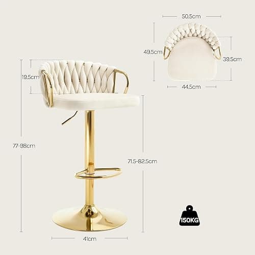 WOLTU Lot de 2 Tabouret de Bar avec Dossier Tissé et Repose-Pieds, Tabouret Pivotant à 360°, Hauteur Réglable, Base Évasée en Métal, Crème, BH426cm-2 thumbnail 3