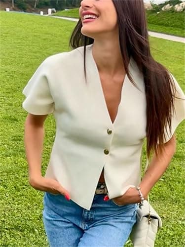 hathne Women's V Neck Short Sleeve Cardigan Sweater Button Down Ribbed Knit Tops thumbnail 6