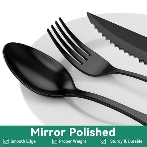 JUNLIN 49 Pieces Black Silverware Set with Steak Knives, Stainless Steel Silverware with Organizer Flatware Utensils Set for 8, Forks and Spoons Silverware Set Cutlery Set thumbnail 5