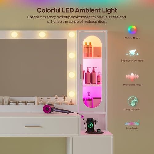 BTHFST Makeup Vanity Desk with Large 31.5" Mirror and Lights, 46.1" Vanity with RGB Lights & Charging Station, Vanity Table with 6 Drawers & Cabinet & Shelves, White thumbnail 4