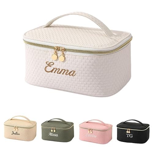 GOPHIE Personalized Embroidery Large Travel Makeup Bag - PU Leather Cosmetic Organizer Case for Women,Waterproof Makeup Pouch thumbnail 2