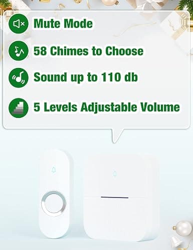 AIDA Lighted Wireless Doorbell for Home, Waterproof Battery Doorbell 1,000ft Range, 5 Volume Levels with 58 Doorbell Chimes & LED Flash (White, Doorbell with 1 Button & 1 Receiver) thumbnail 3