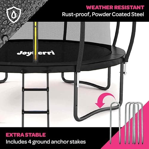 JoyBerri Trampoline Outdoor - ASTM Certified Safe, 8Ft, 10Ft, 12Ft, 14Ft, 15Ft, 16Ft Recreational Trampoline for Kids and Adults. Anti-Rust Coating with Enclosure Net, Ladder, Sprinkler & LED Lights thumbnail 5