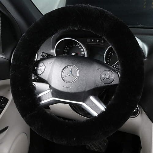 Fluffy Wool Sheepskin Fuzzy Black Car Steering Wheel Cover for Universal Auto Steering Wheel 14 1/2-15 1/2inch, Anti-Slip, Soft Plush, Comforting and Luxurious, Soft Texture (Black) - Image 1