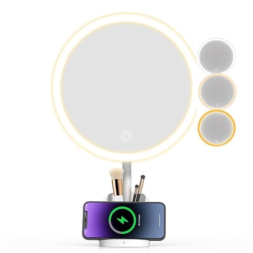 Yls Rechargeable Lighted Makeup Mirror with 1x/10x Detachable Magnification, Vanity Mirror with 3 Color Adjustable Lighting,Qi-Enabled Charging,and 360 °Rotating Design - Image 1