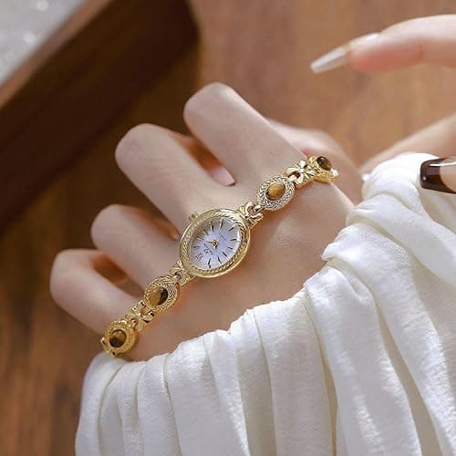 FANMIS Gold Tone Watches for Women with Small Vintage Bracelet Elegant Jade Oval Dial Dress Watch Fashion Quartz Wrist Watch Waterproof Watch thumbnail 4