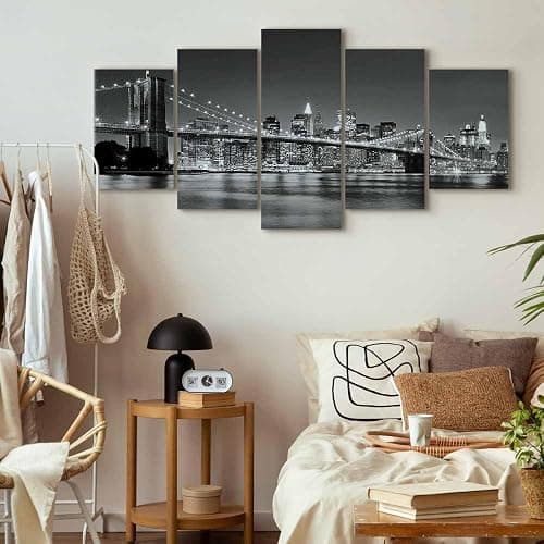 murando - Wandbilder XXL New York City 200x100 cm 5 tgl Wand Deko Leinwand Bilder Groß Wanddeko Wohnzimmer Bild Schlafzimmer Kunstdrucke - Skyline Brooklyn Bridge Stadt Nacht Manhattan Grau 030211-51 thumbnail 2