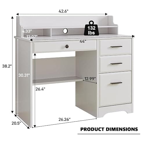 4 EVER WINNER White Desk with Drawers, 44 Inch Small Computer Desk with File Drawer and Monitor Stand, Wood Desk with Storage Shelf for Small Spaces, Living Room, Bedroom, White thumbnail 2