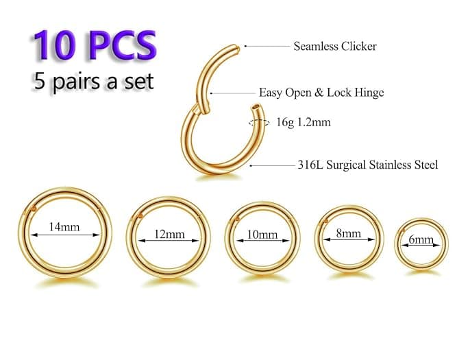 HQLA 16G Surgical Steel Hinged Clicker Segment Nose Rings Hoop Helix Cartilage Daith Tragus Sleeper Earrings Body Piercing for women 6mm 8mm 10mm 12mm 14mm thumbnail 2