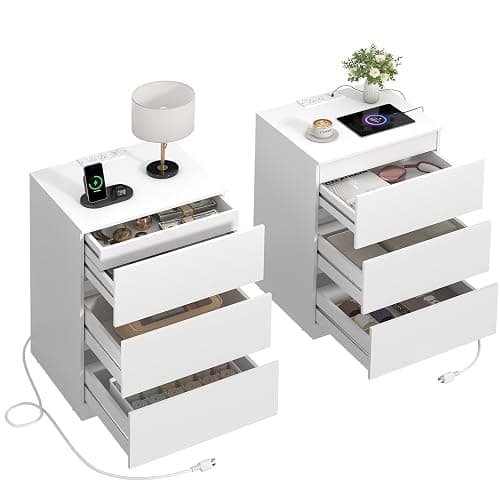 Nightstand Set of 2, 4 Drawers, 26" H with Hidden Drawer, Bedside Table with Charging Station, Modern Night Stand for Bedroom, White - Image 1