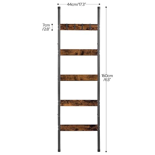 HOOBRO Blanket Ladder, 5-Tier Towel Rack with Hooks, Wall-Leaning Blanket Rack, Decorative Display Ladder Shelf, for Scarves, Industrial, Living Room, Bedroom, Rustic Brown and Black BF52CJ01 thumbnail 3