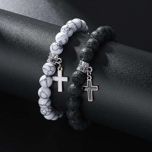 Matte Lava Rock Beaded Couple Bracelet Set for Women Men Black White 8mm Howlite Natural Volcanic Stone Matching Beads Elastic Cross Pendant Stretch Bracelets Religion Charm Friendship BFF Jewelry thumbnail 4