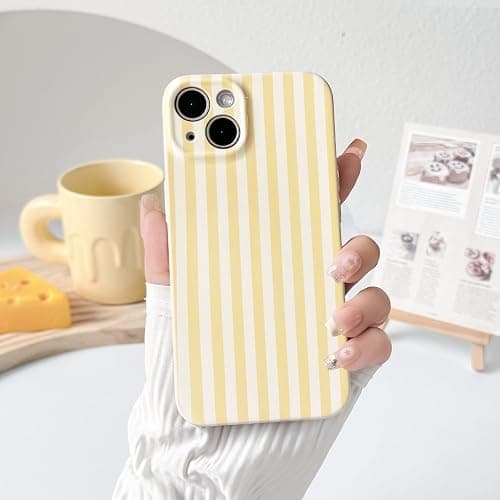 Lovmooful for iPhone 14 Plus Case Striped with Glossy Film-Yellow | Aesthetics Color Silm Striped Design,for Girls Women,Soft TPU,Shockproof,More Protective,Girly thumbnail 3
