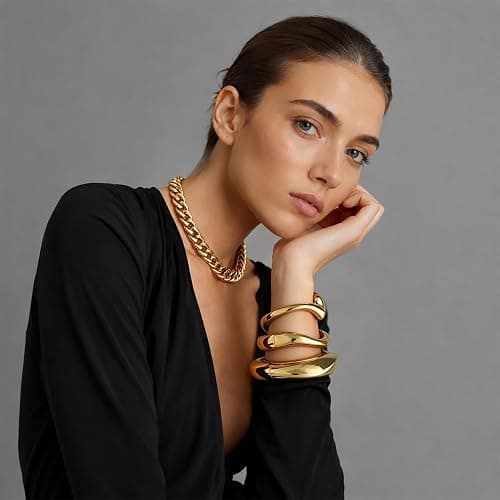 Chunky Gold Bangle Bracelets for Women Trendy 14K Gold Plated Cuff Bracelets Stack, Dainty Gold Bracelet Sets Non Tarnish Fashion Jewelry Gift thumbnail 6