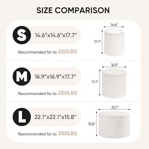 B FSOBEIIALEO Ottoman with Stroage, Round Sherpa Storage Ottoman Stool, Boucle Foot Rest 14.6"x14.6"x17.7"（White thumbnail 3