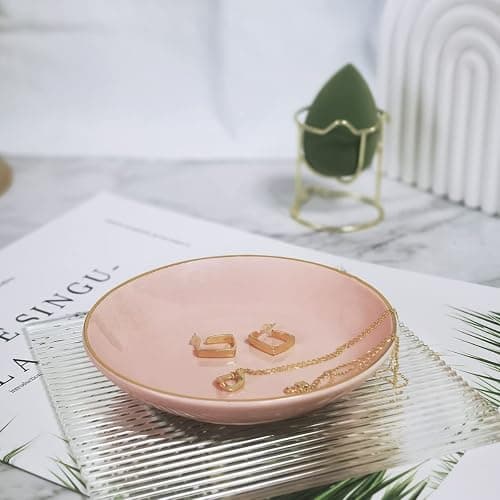 HANKOR 4.75" Ceramic Jewelry Tray, Small Ring Dish Holder Trinket Tray, Catch All Trays for Ring Earring Necklace Key, Christmas Gifts for Women Girls, Pink thumbnail 5