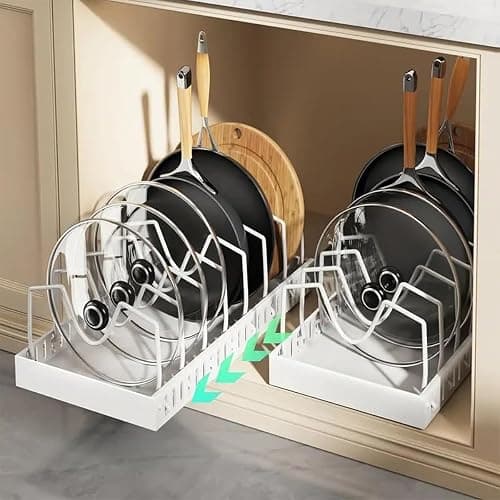 2 Pack Pull Out Pots and Pans Organizer Rack for Cabinet and Countertop, Pull Out Cabinet Organizer with 8 Adjustable Dividers, Kitchen Storage for Pot Lid, Dishes, Bakeware, Pots and Pans, White - Image 1