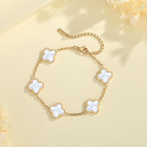 HAITTY 18K Gold Plated Clover Bracelet Set for Women White/Black/Gold/Silver/Green/Pink Adjustable Link Double-Sided Lucky Bracelets Trendy Bracelets Set Jewelry Gifts for Women Men thumbnail 4