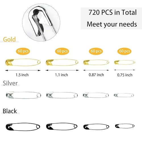 720 Pcs 3 Colors Safety Pins 4 Sizes Strong Safety Pins with Storage Box Assorted for Craft Sewing Art Clothes Jewelry Making(Gold, Black, Silver) thumbnail 4