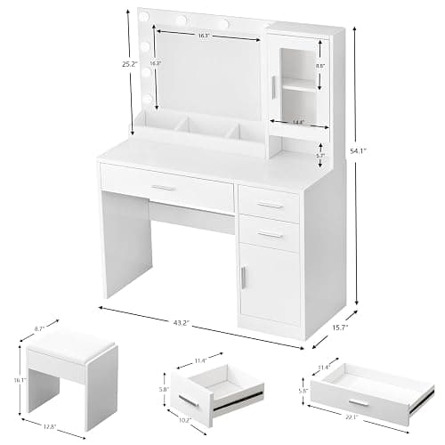 ENDYOE Makeup Vanity Desk Set with LED Lights Mirror Chair, Vanity Table with 7 Storage Shelves and 3 Drawers,3 Lighting Modes Adjustable Brightness Dressing Table for Bedroom,White thumbnail 2