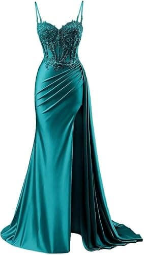 Mermaid Prom Dresses for Women Spaghetti Straps Satin Prom Dress with Slit LW010 - Image 1