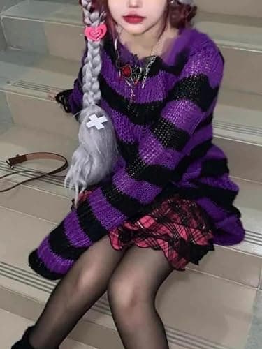 URAWESO Goth Y2K Striped Sweater Ripped Punk Gothic Long Sweaters for Women Harajuku Aesthetic Halloween Pullover Tops thumbnail 4