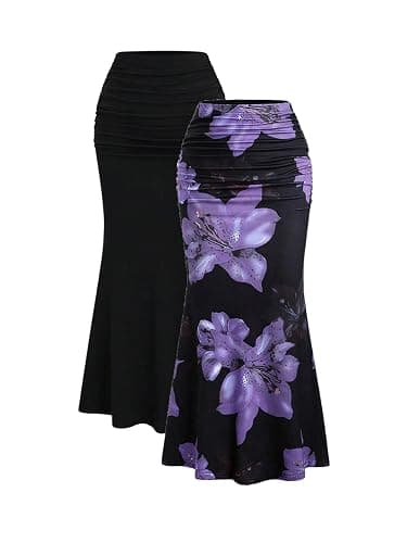 BEAUDRM Women's 2 Pack Fishtail Skirt Elegant Floral Ruched Skinny Bodycon Ruffle Long Skirts - Image 1