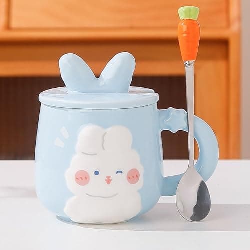 Heardbeli Cute Ceramic 3D Cartoon Rabbit Bunny Coffee Mug 420ML/14.2OZ, with Rabbit Ear Lid and Carrot Spoon, Fun and Novelty Gift for Women Girls (Blue) thumbnail 8