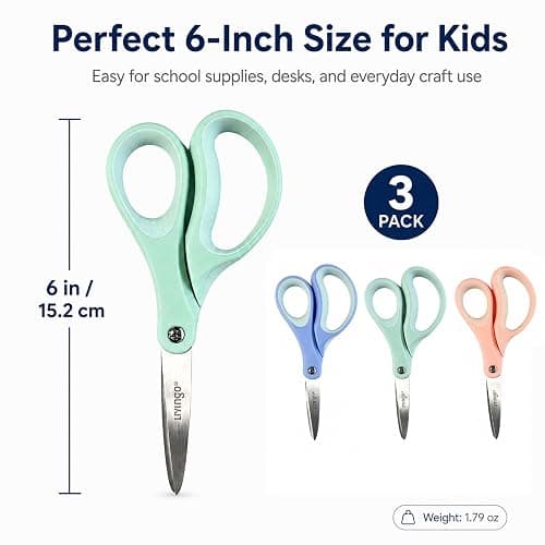 LIVINGO Kids Scissors 6 Inch 3 Pack Soft Blue Mint Green Peach Pink | School Supplies for Age 8-12, Pointed Tip, Stainless Steel Blades, Left & Right Handed Grip, DIY Craft Classroom Use thumbnail 2