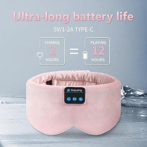 Soft Sleep Eye Mask Bluetooth Headband Wireless Headphones, SYPVRY Adjustable Sleep Mask for Sleeping Meditation Insomnia Night Mask Music Eye Cover for Side Sleepers Airplane Travel, Pink thumbnail 2