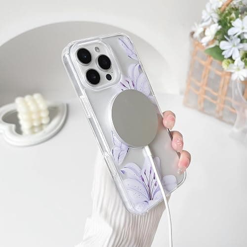 NITITOP Compatible with iPhone 16 Pro Max Case Clear Magnetic Compatible with MagSafe Cute Lily Flowers Floral for Women Girls Hard PC Back Shockproof Protective Phone Cover - Purple thumbnail 7